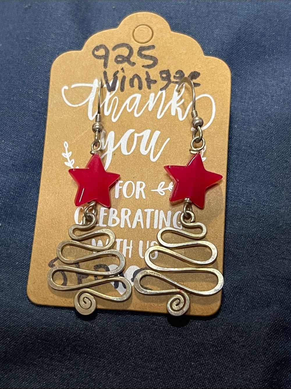 Red Star Drop Earrings with Swirl Silver-Tone Accents